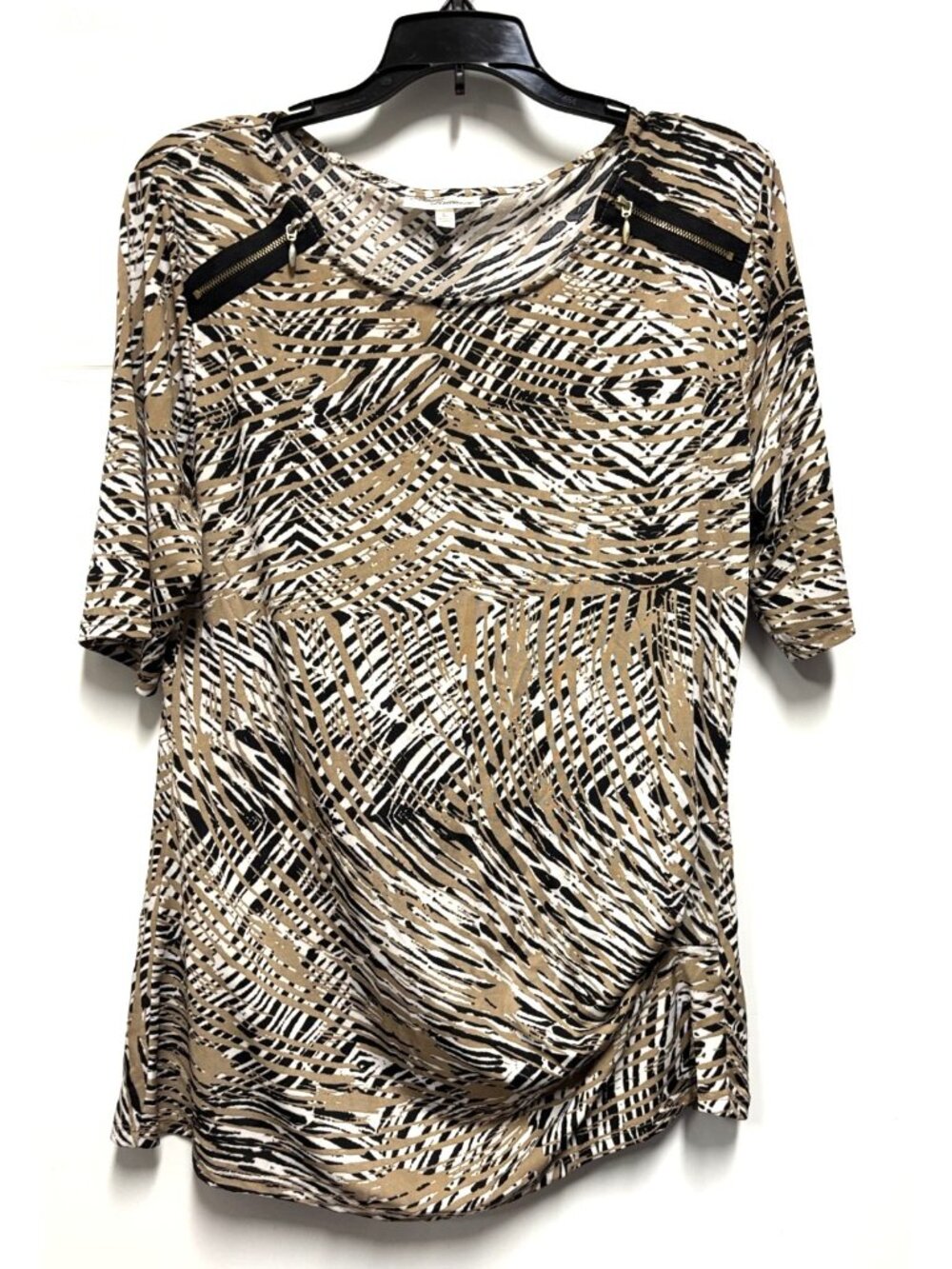 Allison Brittney Womens Black Brown Top Short Sleeve Stretch Zipper Accent Large